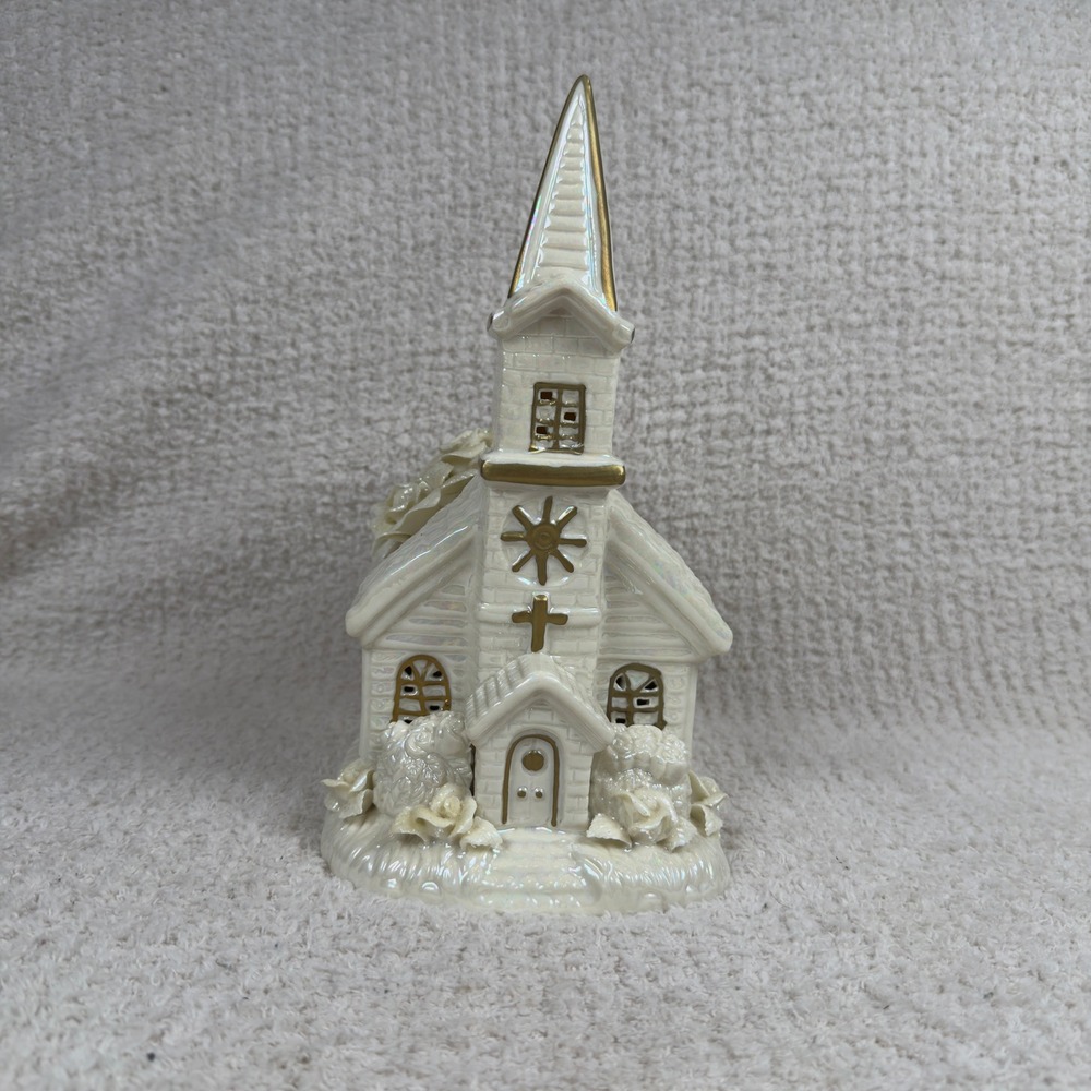 Vintage Church‎ Musical Figurine Iridescent Ceramic Gold Accents Roses